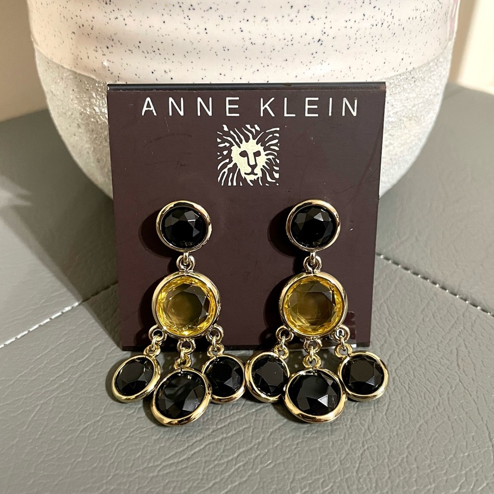 Vintage Anne Klein Gold Tone Black Rhinestone Crystal Chandelier Dangle Earrings